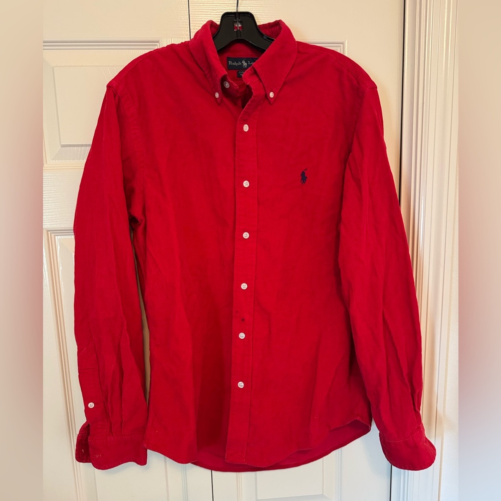 Ralph Lauren Men's Red Custom Fit Corduroy Button Up Shirt Pony Logo Size Medium